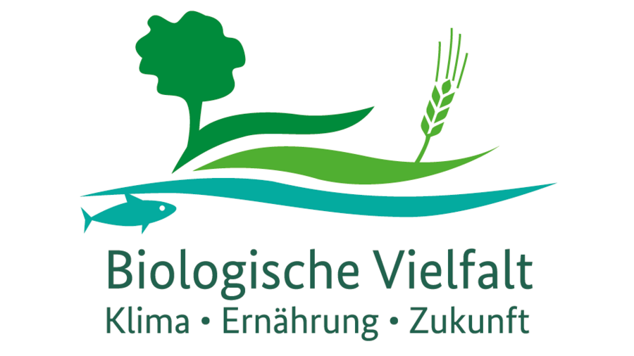 Wort-Bild Marke bestehend aus einer abstrakten Agrarlandschaft in grün und blau in der ein Baum und eine Getreideähre zu erkennen sind sowie ein Fisch. Darunter steht: Biologische Vielfalt, Klima, Ernährung, Zukunft.