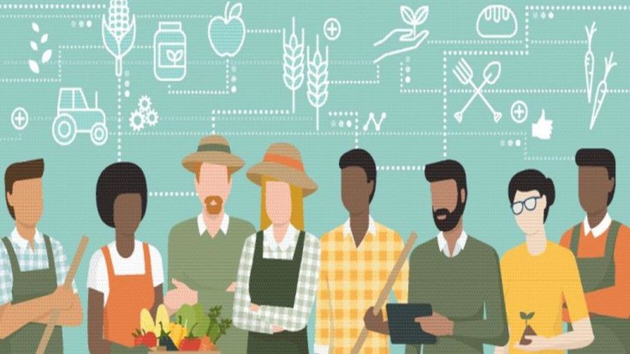 Es ist eine Karikatur von Landwirten zu sehen, die gemeinsam über eine Sache überlegen.