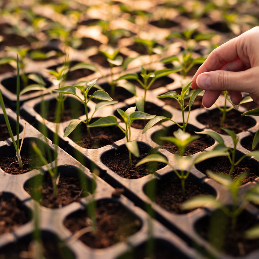 Eine rechte Hand berührt mit Daumen und Zeigefinger einen vieler Pflanzensämlinge in Ansaattöpfen.