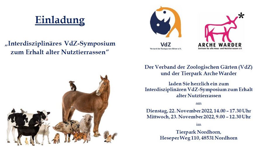 Gezeigt ist die Einladung zu dem Symposium, auf der linken Seite sind verschiedene Nutztiere abgebildet.
