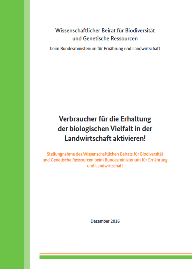 Titelseite Stellungnahme "Verbraucher für die Erhaltung der biologischen Vielfalt in der Landwirtschaft aktivieren!"