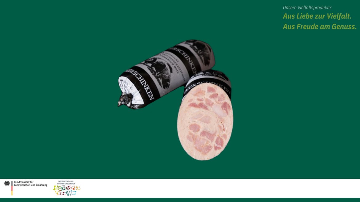 Das Bild zeigt eine aufgeschnittene Schinkenwurst des Schwäbisch Hällischen Schweines.