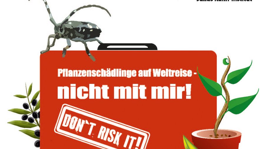 [Translate to en:] Plant pest on a suitcase with the inscription plant pests on world travel - not with me! Don`t risk it!