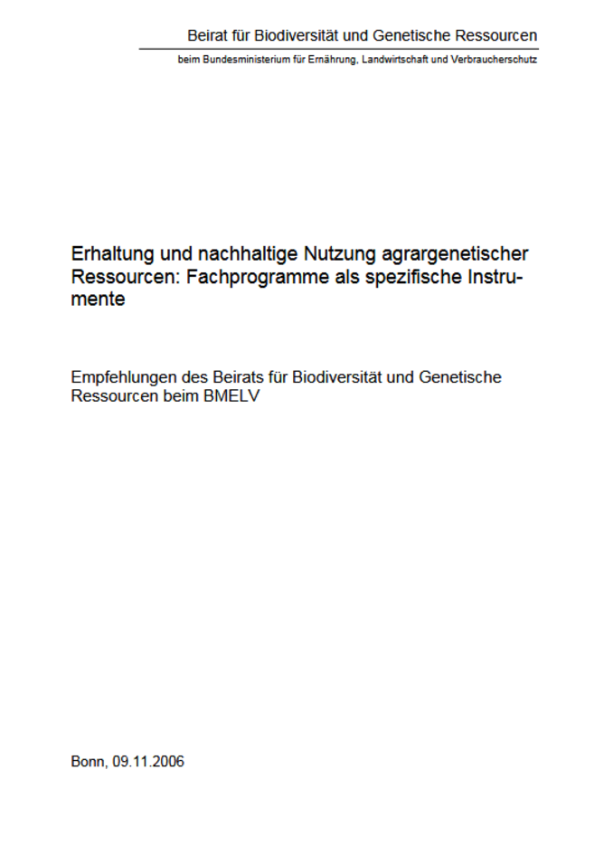 Titelseite Stellungnahme "Erhaltung und nachhaltige Nutzung agrargenetischer Ressourcen: Fachprogramme als spezifische Instrumente"