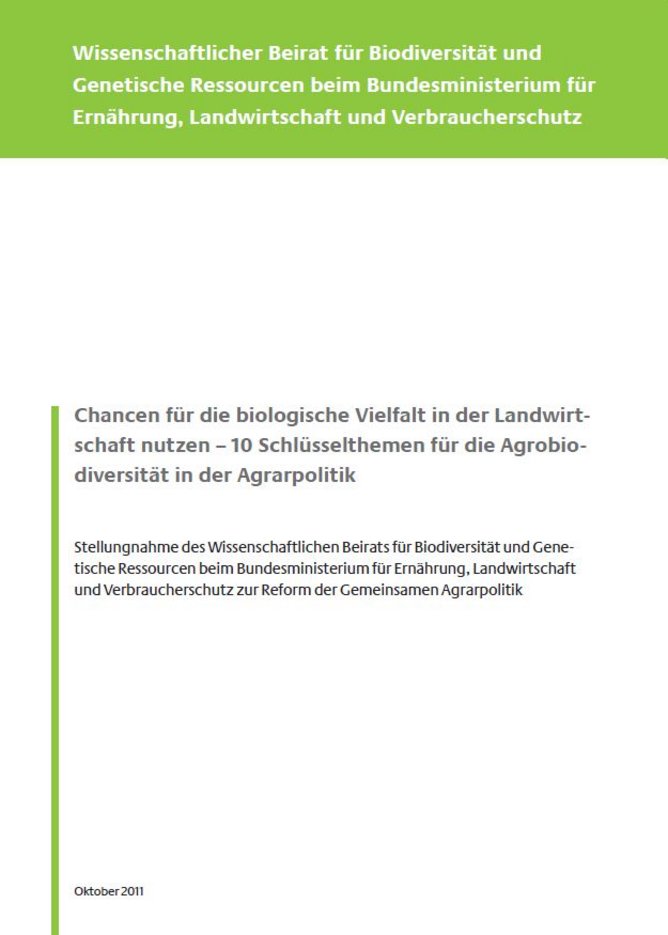 Titelseite Stellungnahme "Chancen für die biologische Vielfalt in der Landwirtschaft nutzen - 10 Schlüsselthemen für die Agrobiodiversität in der Agrarpolitik"