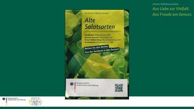 Das Bild zeigt die abgepackte Saatgutmischung der BLE mit den Sorten Goldforelle, Bauner Sommer, Kaiser Selbstschluss und Struwelpeter.