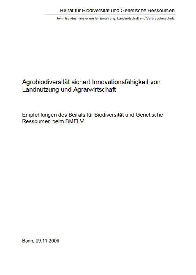 Titelseite Stellungnahme "Agrobiodiversität sichert Innovationsfähigkeit von Landnutzung und Agrarwirtschaft"