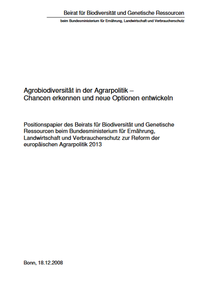 Titelseite Stellungnahme "Agrobiodiversität in der Agrarpolitik - Chancen erkennen und neue Optionen entwickeln"