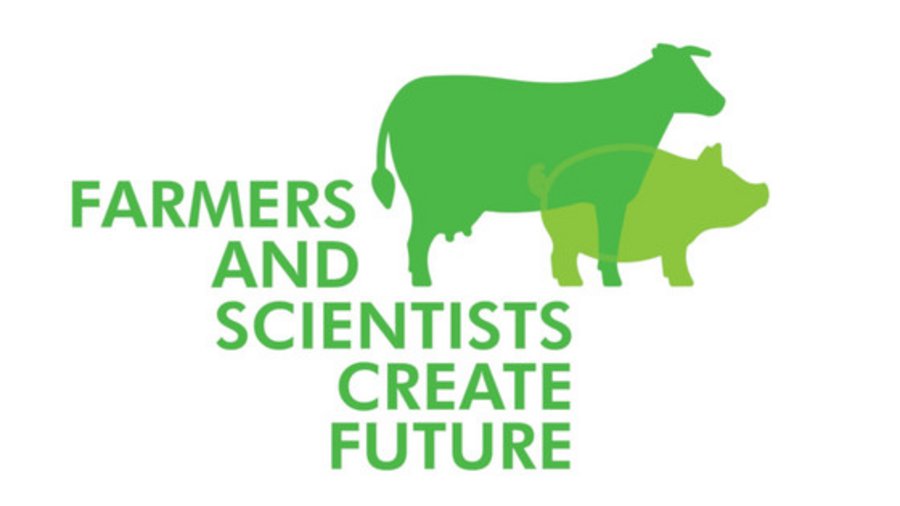 Logo of a pig and cattle and a text saying "Farmers and Scientists create Future". Click leads to enlarged view.