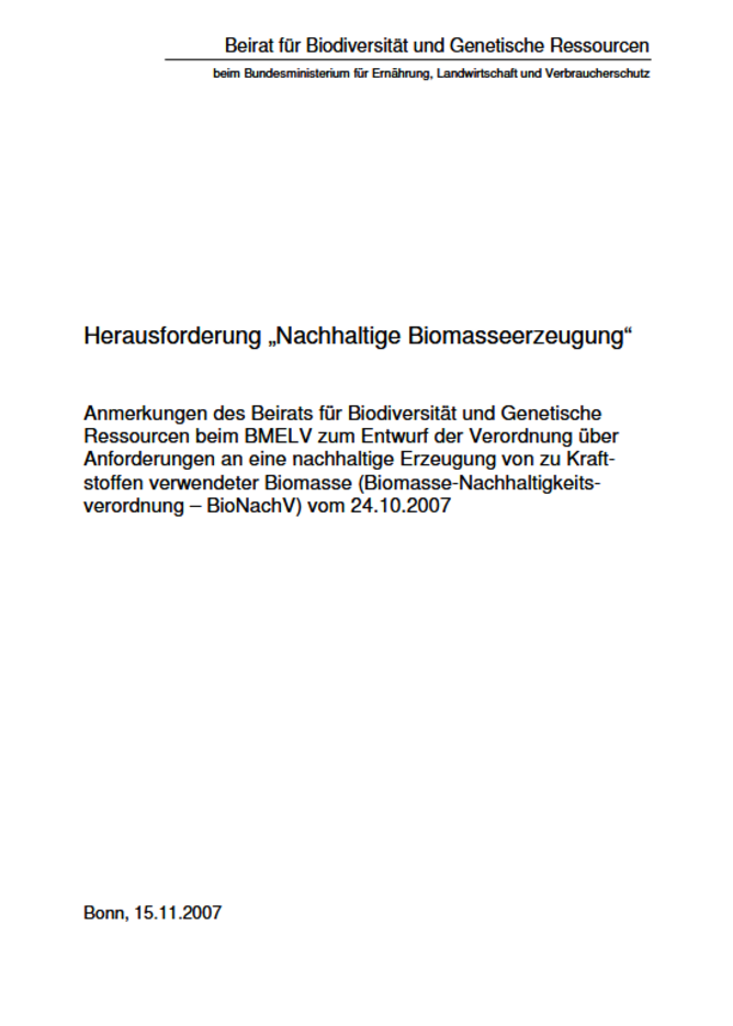 Titelseite Stellungnahme "Herausforderung "Nachhaltige Biomasseerzeugung""