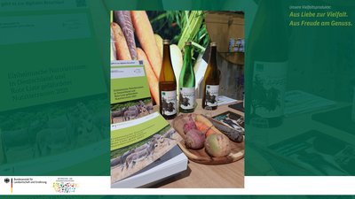 Das Bild zeigt einen Eindruck vom IBV Vielfaltsstand mit buntem Gemüse, der Roten Liste gefährdeter Nutztierrassen 2025 und sortenreinem Apfelsaft der Sorten Kaiser Wilhelm, Rote Sternrenette und Rheinischer Bohnapfel. 