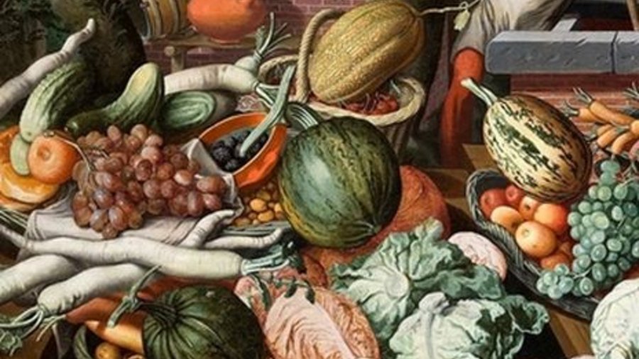 Gemälde aus dem 16. Jahrhundert, das verschiedenes Obst und Gemüse zeigt
