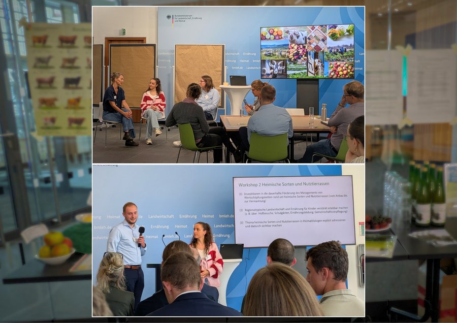 DAs Bild zeigt den Workshop des Jugendpolitischen forums 2026. Menschen an Tischen, die 2 Interviewpartnerinnen lauschen.