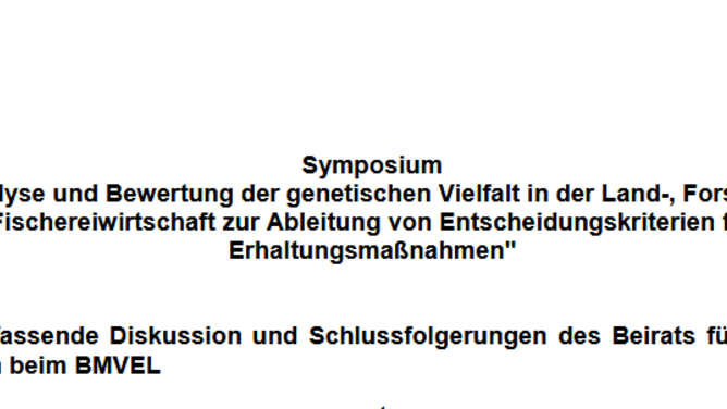 Titelseite Stellungnahme "Analyse und Bewertung der genetischen Vielfalt in der Land-, Forst- und Fischereiwirtschaft zur Ableitung von Entscheidungskriterien für Erhaltungsmaßnahmen"
