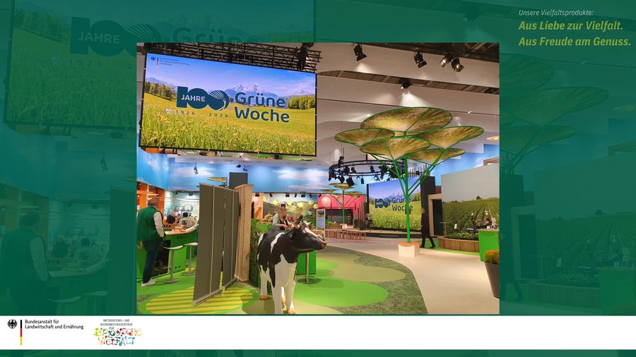 Das Bild zeigt einen Eindruck von der BMLEH-Halle auf der Grünen Woche 2026. Man sieht einen großen Monitor mit dem Logo der Grünen Woche und einer großen Milchkuh als Ausstellungsstück.